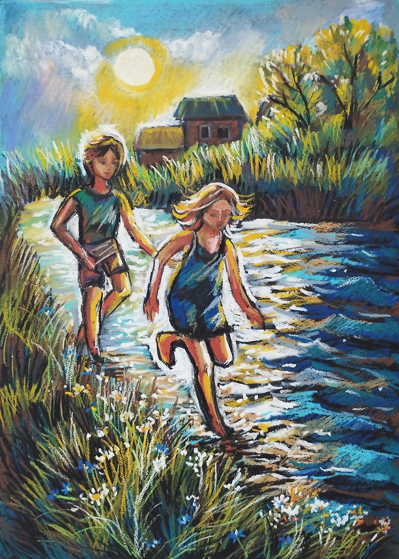 Summer river childhood nature painting oil pastel drawing The joy of childhood - ตกแต่งผนัง - กระดาษ สีเขียว