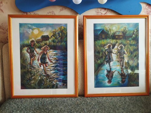 夏 川 子供時代 自然 絵画 オイルパステル画 子供時代の喜び