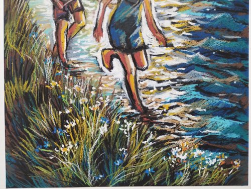 夏 川 子供時代 自然 絵画 オイルパステル画 子供時代の喜び