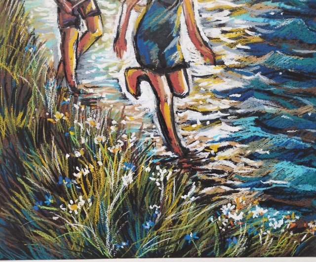 オイルパステル | Nobuアート日記 オイルパステル画 夕陽と湖と