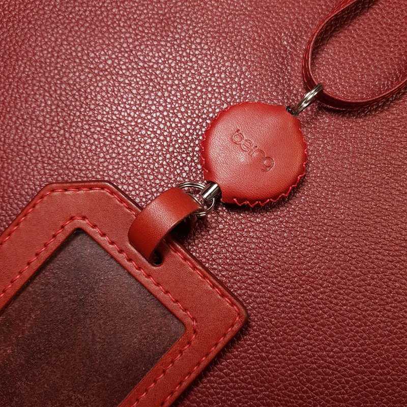 Natural cow leather horizontal and vertical dual-use identification card holder_with neck rope + steel wire retractable buckle_red - ID & Badge Holders - Genuine Leather Red