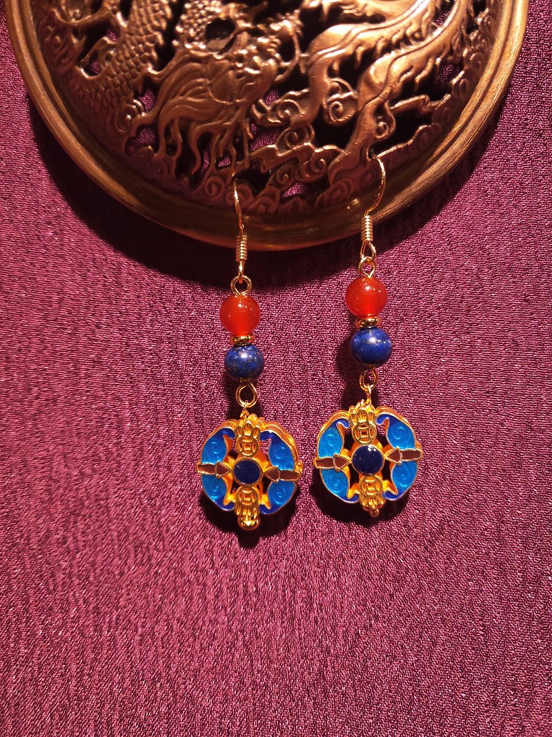 Huaxia pattern-Fu is in front of eyes-Use ornaments to tell history/enamel/lapis lazuli/red agate/925 ear hook - Earrings & Clip-ons - Enamel Blue