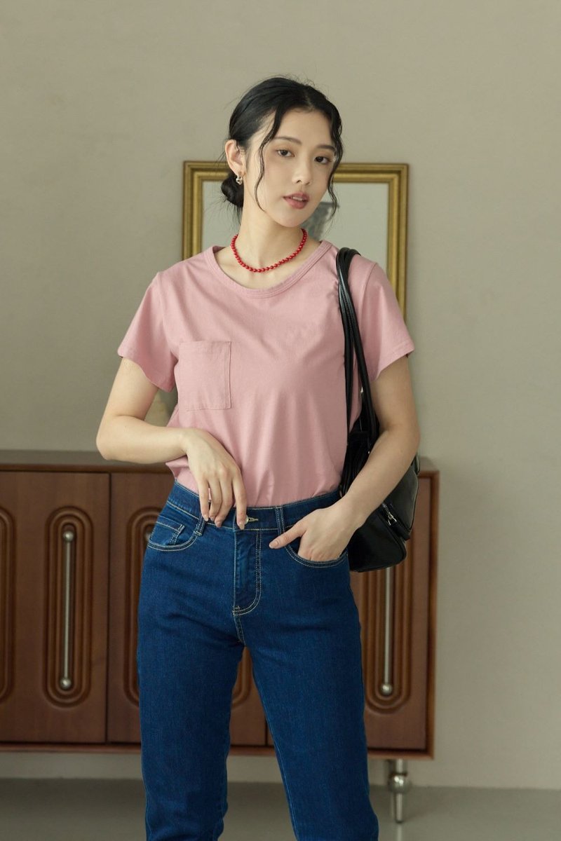 新色-口袋短版水洗上衣(粉紅) - 女 T 恤 - 棉．麻 粉紅色
