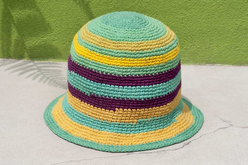 鉤織棉麻帽 漁夫帽 遮陽帽 拼布帽 棉麻帽 手工編織帽-薄荷馬卡龍 - 帽子 - 棉．麻 綠色