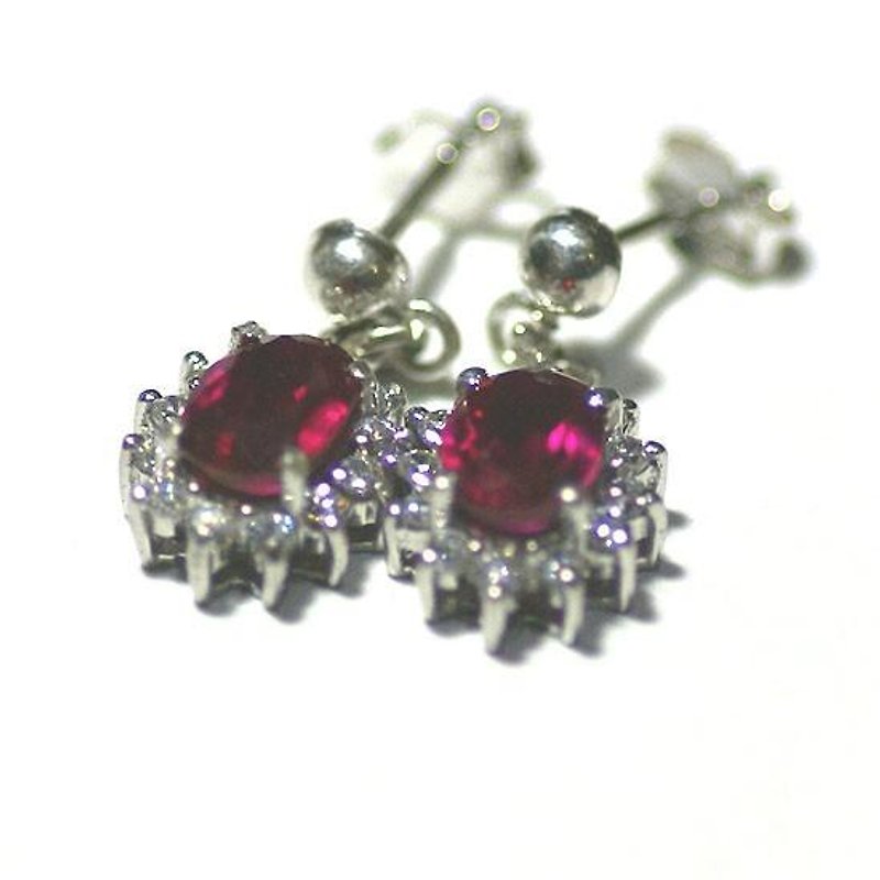 Synthetic spinel pierce earrings - 耳環/耳夾 - 其他金屬 紅色