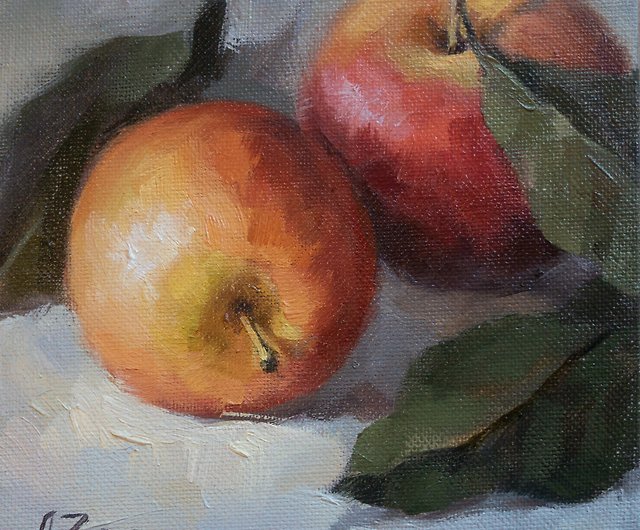 リンゴの油絵、小さな油絵の静物、キッチンのフルーツの絵 - ショップ 