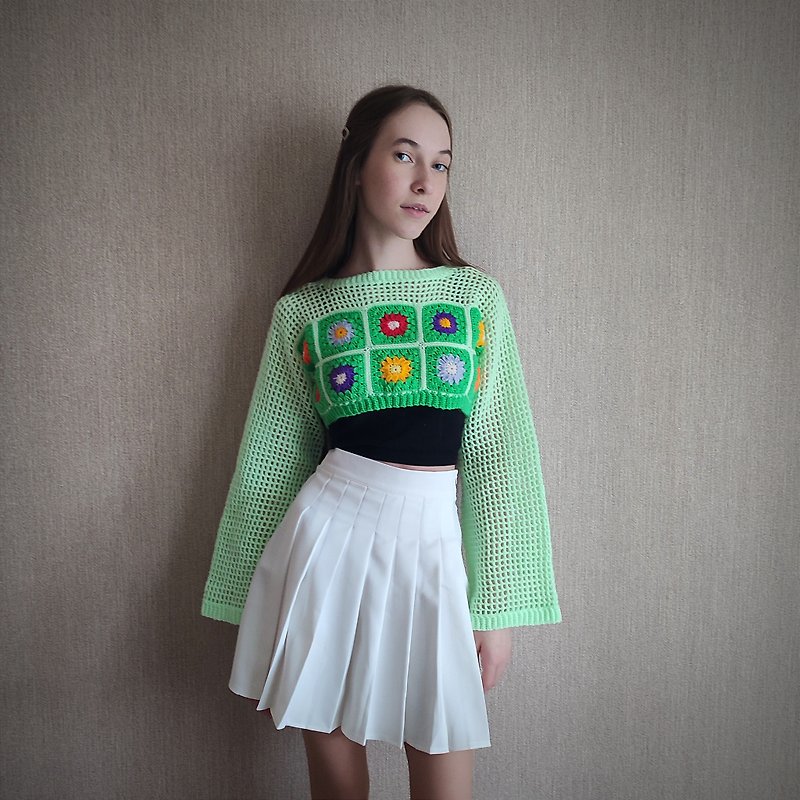 Cropped sweater for a girl. Crochet sweater. Crocheted sleeves. Green sweater. - Women's Sweaters - Acrylic Green