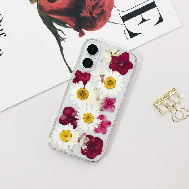 Natural Red White Flower Pressed Flower Phone Case for iPhone 16 Samsung S24 - เคส/ซองมือถือ - พืช/ดอกไม้ 