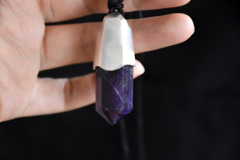 原創手工紫水晶項墜紫晶六棱柱純銀配繩吊墜 - 項鍊 - 水晶 紫色