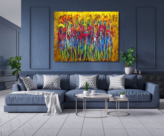キャンバスに描かれたカラフルな現代絵画 大胆な多色アート