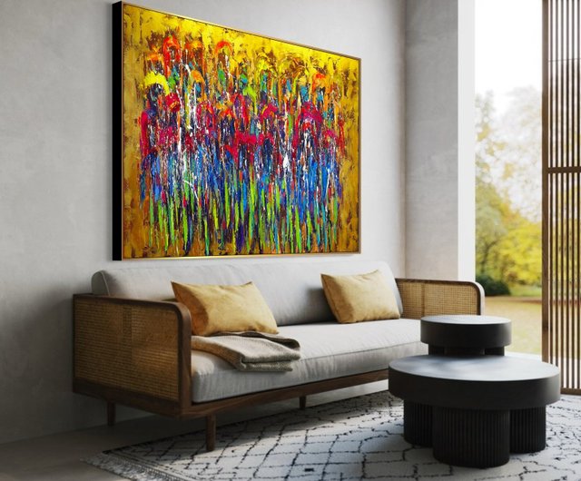 キャンバスに描かれたカラフルな現代絵画 大胆な多色アート