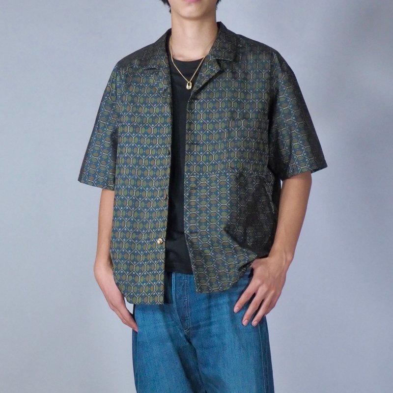 【日本製】remake Kimono shirt men L, short length shirt men, gift for him - Men's Shirts - Silk Green