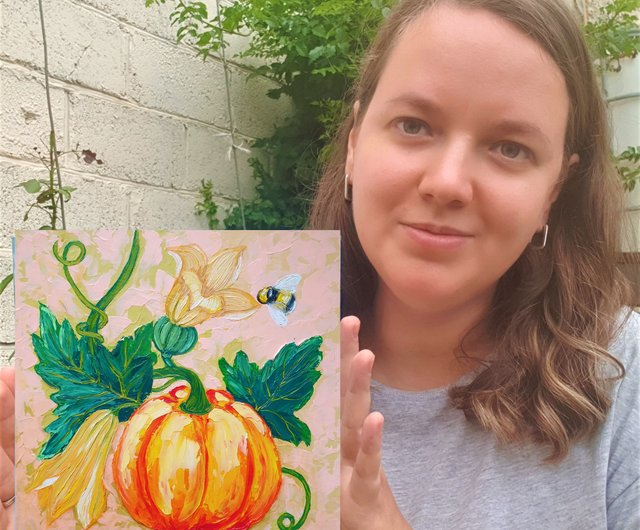 蜂の絵カボチャオリジナルアート花の壁アート小さなインパスト 蜂の絵カボチャオリジナルアート花の壁アート小さなインパスト