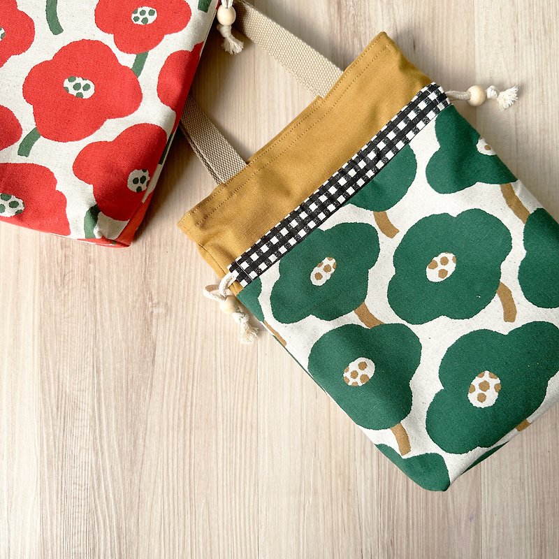 【River】Two-purpose bag with drawstring top (medium)/Japanese fabric/Floral/Green - Handbags & Totes - Cotton & Hemp Green