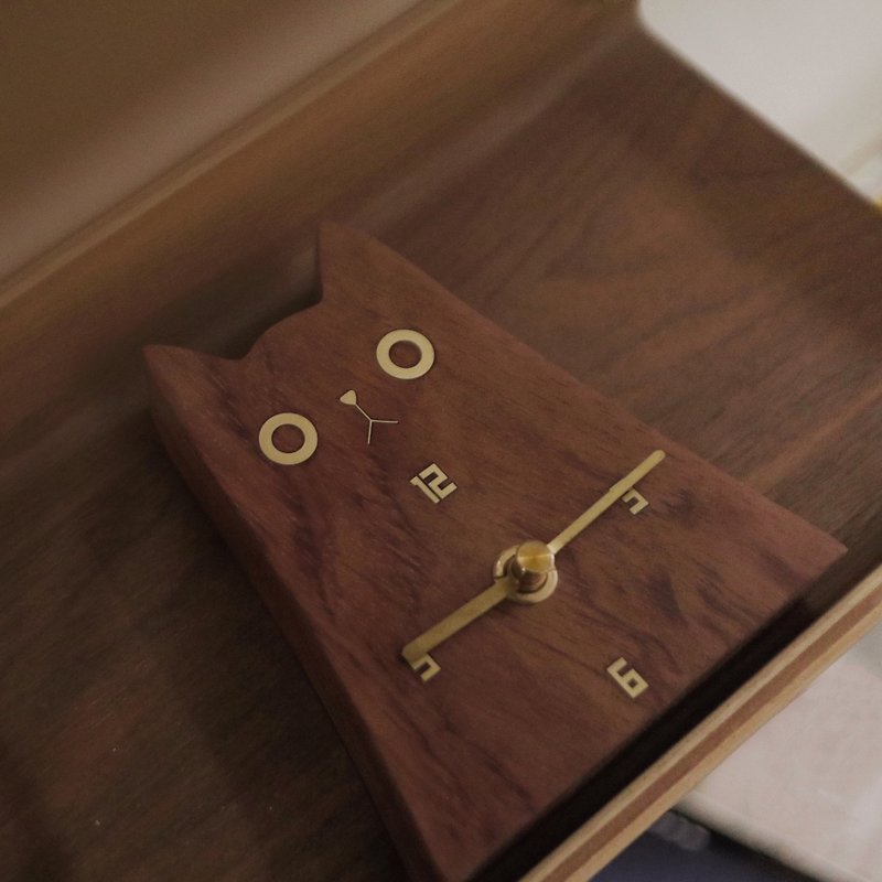 HIBBERS原創設計非洲酸枝木鑲黃銅家居裝飾桌擺件貓造型鐘表鬧鐘 - 時鐘/鬧鐘 - 木頭 咖啡色