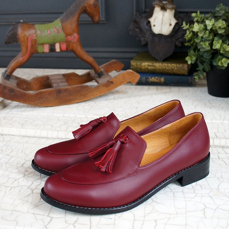 GT full leather gentleman loafers - burgundy - รองเท้าลำลองผู้หญิง - หนังแท้ สีแดง