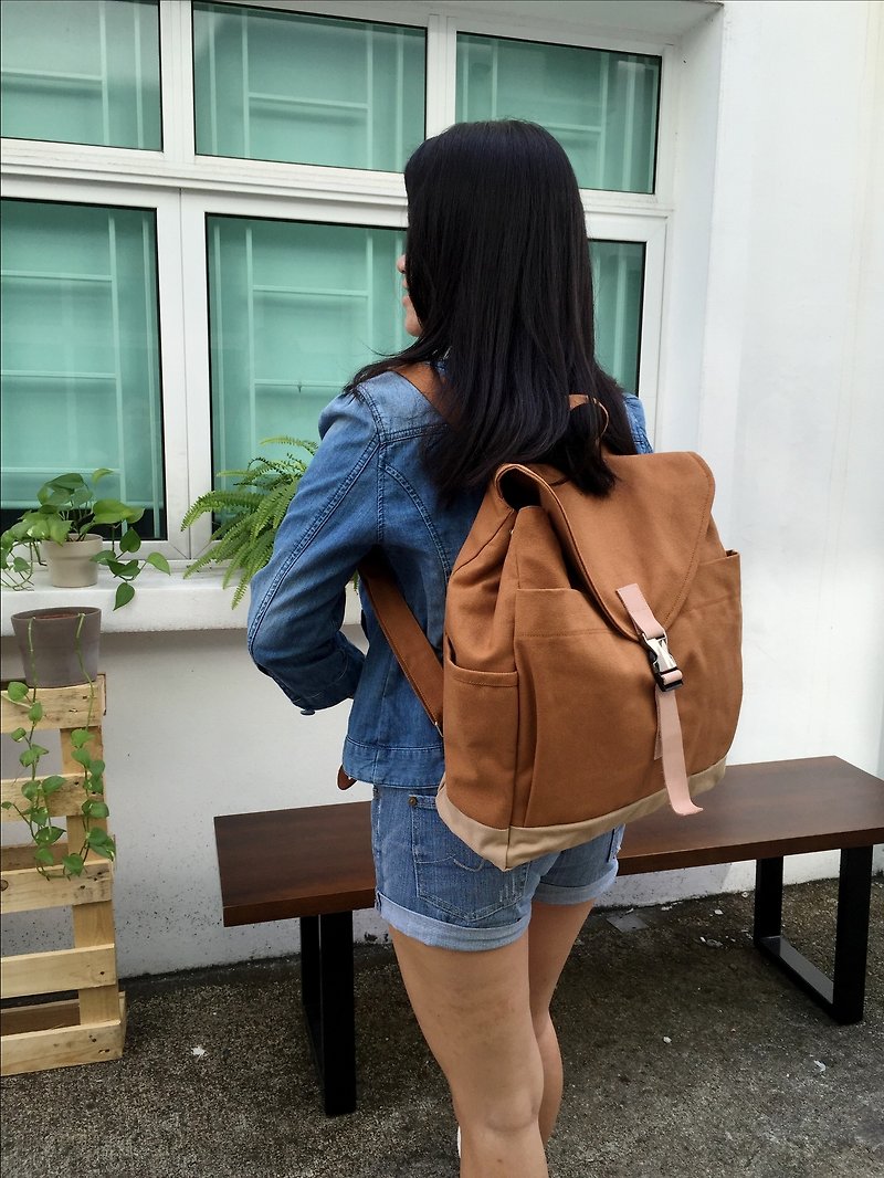 Leather strap laptop Satchel rucksack school canvas backpack /no.108 -Tan Brown - Backpacks - Genuine Leather Brown