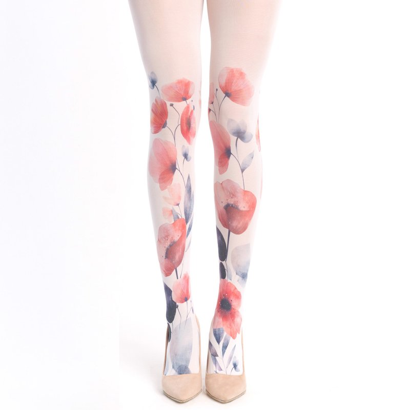 Poppy tights, S-4XL size floral outfit accessory, plus size fashion - กางเกงเลกกิ้ง - ไนลอน ขาว