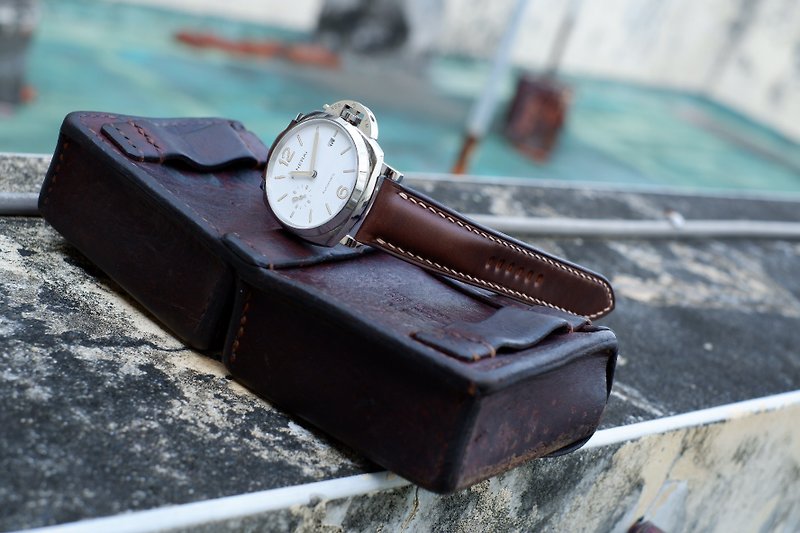 Horween burnt brown leather Isaac handmade watch strap - Watchbands - Genuine Leather Brown