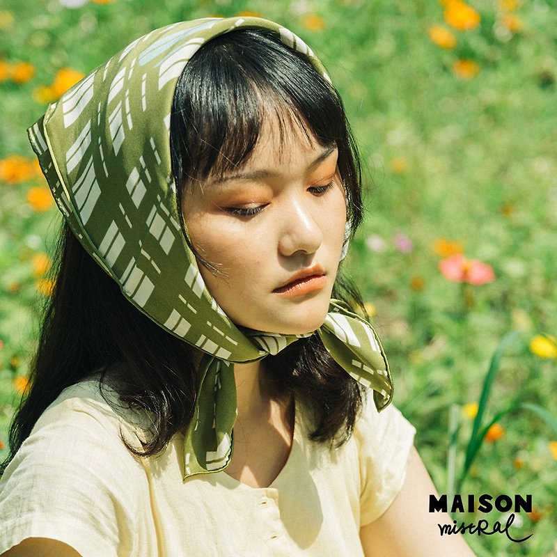Maison Mistral artist's original illustration light and shadow series olive green silk scarf silk square scarf - ผ้าพันคอ - ผ้าไหม สีเขียว