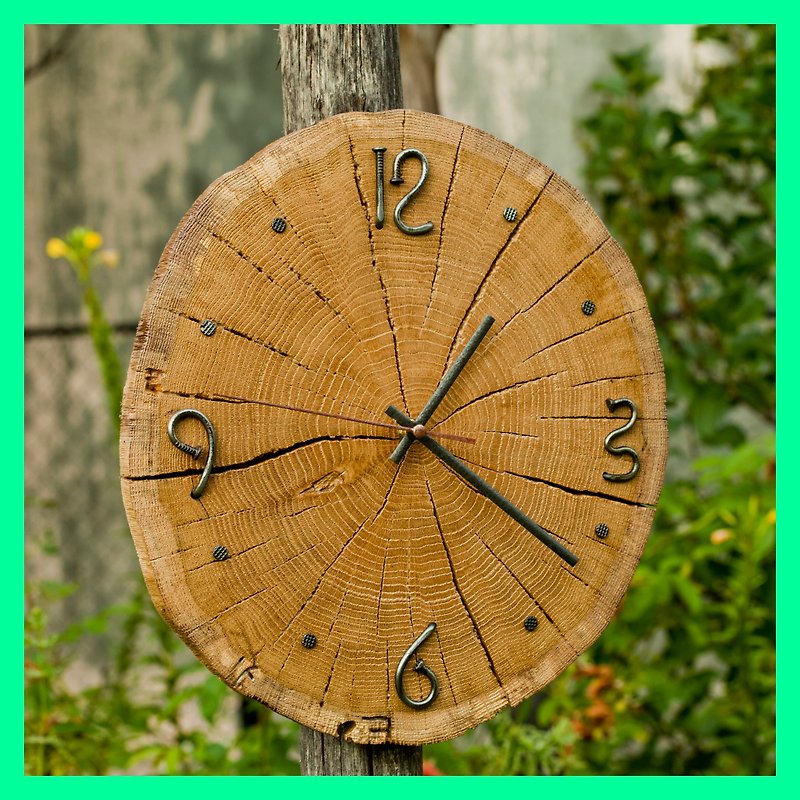 Wood oak clocks, Wooden clock, Clock face nail dial, Numbers old metal nails, - Clocks - Wood Brown