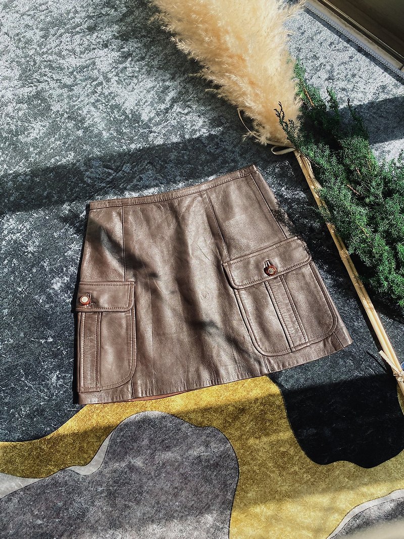 Coffee tea brown double pocket youth A word Italian lambskin leather sheep leather skirt vintage skirt - Skirts - Genuine Leather Brown