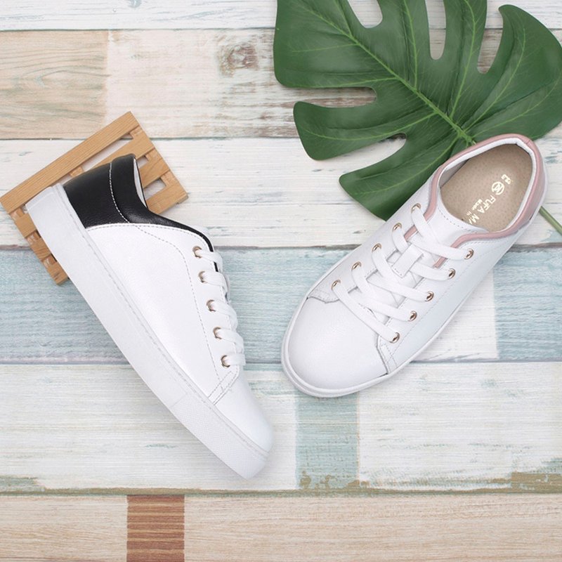 Genuine leather strap stitching color casual shoes-white black/white pink 1DH005 - Women's Casual Shoes - Genuine Leather White