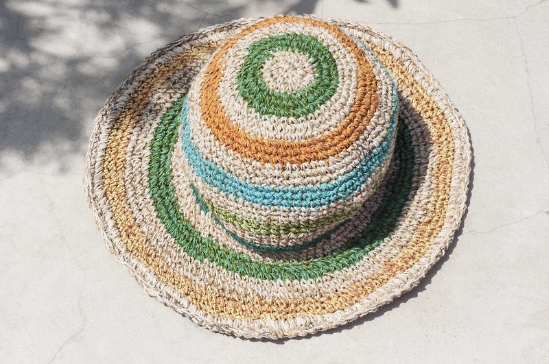 Hand-knitted cotton and linen cap knit hat fisherman hat sunhat straw hat - Tropical South America rainforest colorful rainbow - Hats & Caps - Cotton & Hemp Multicolor