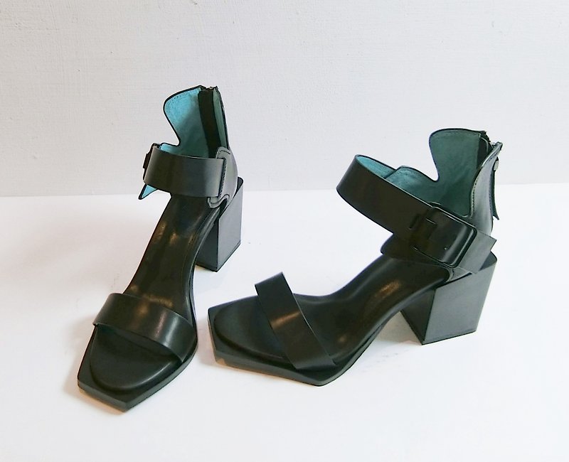 畫兒#8058|| 小牛皮中跟露趾鞋 現代主義幾何的完美詮釋 龐克黑 || - 女款休閒鞋 - 真皮 黑色