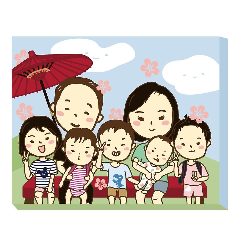 【カスタマイズギフト】家族みんなで描いたQ版デジタル油絵 - 似顔絵 - コットン・麻 多色