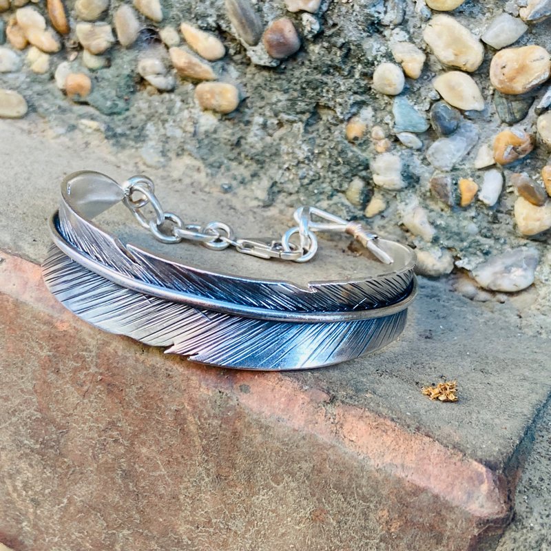 純銀羽毛 手環 寬版 安全鍊 可客製姓名 S97 - 手鍊/手環 - 純銀 銀色