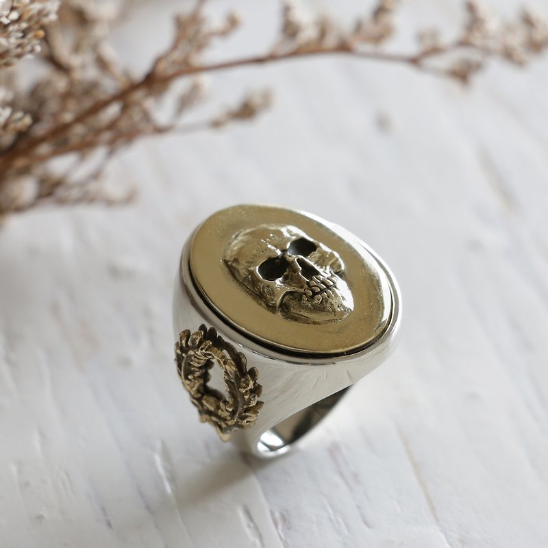 Memento Mori Biker Ring Skull Men Olive Wreath Signet Fathers Day silver horn - General Rings - Other Metals Silver