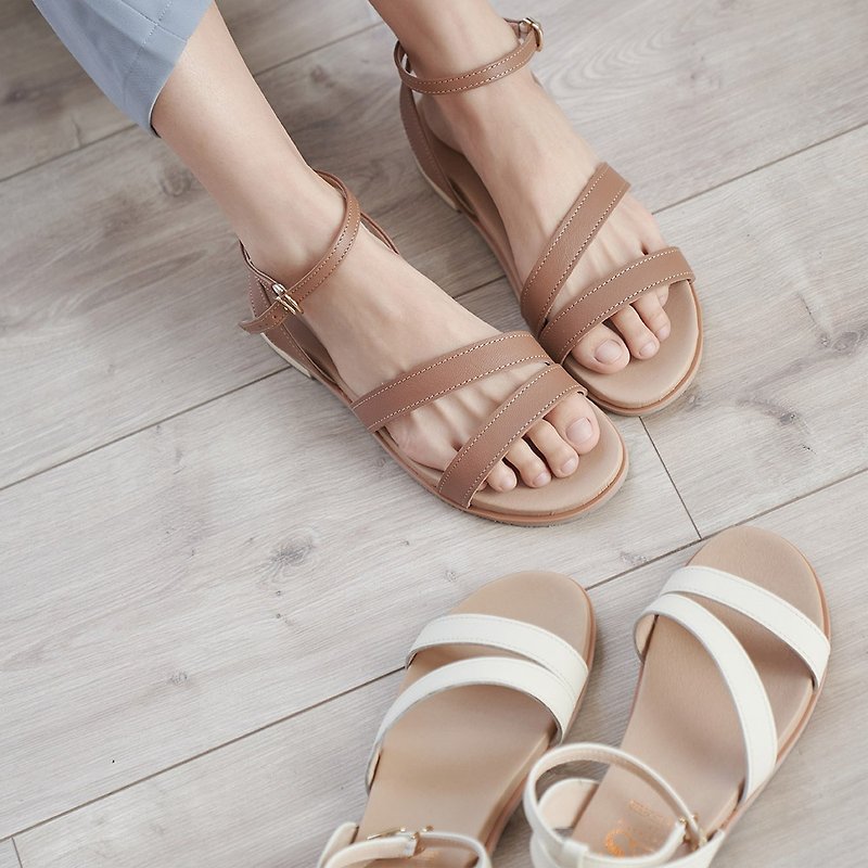 【Zero Size】Yangsen Life | Simple Strap Leather Flat Sandals-2 Colors - รองเท้ารัดส้น - หนังแท้ หลากหลายสี