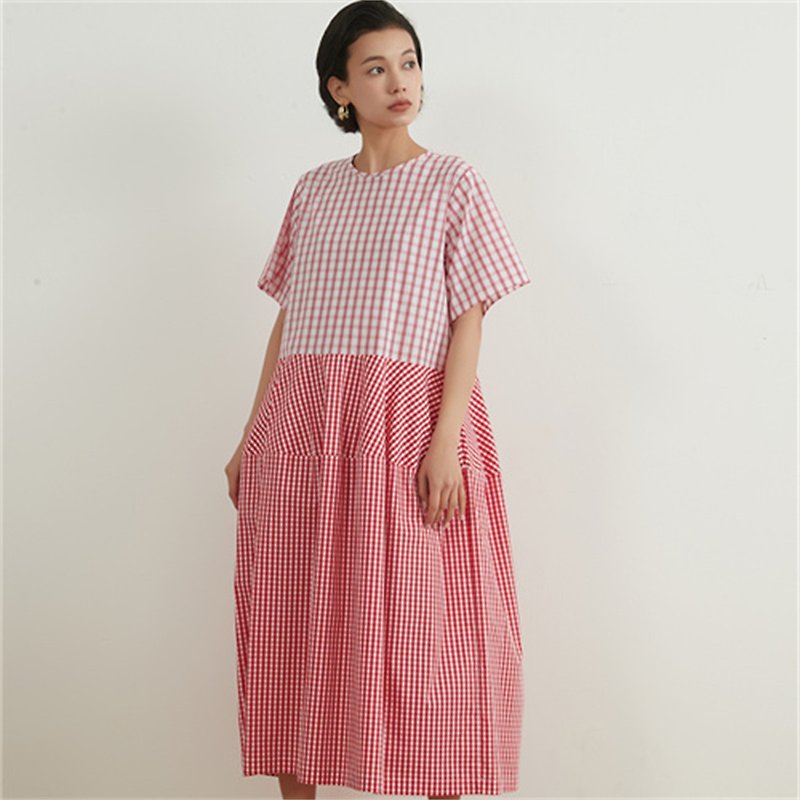 Check panel fabric cocoon silhouette dress - ชุดเดรส - ผ้าฝ้าย/ผ้าลินิน สีแดง