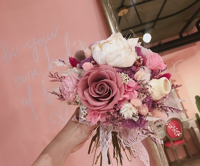 Pink bubble dogwood powder immortal flower bouquet, bridal bouquet and gift  corsage for groom - Shop whats-flora Dried Flowers & Bouquets - Pinkoi