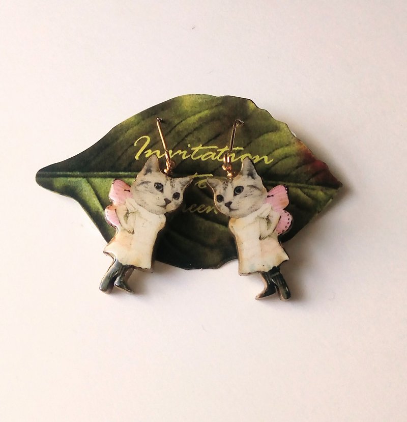 妖精ネコのピアス - 耳環/耳夾 - 木頭 灰色
