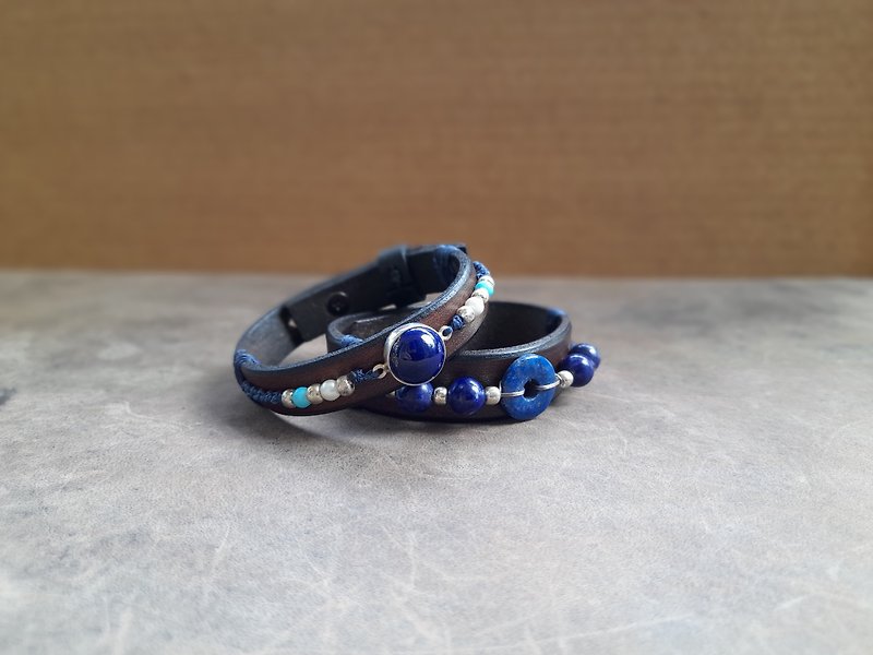 Sodalite Bracelet, Natural Blue Crystal Gemstone Leather Bracelet, Handmade Cuff - 手鍊/手環 - 真皮 藍色