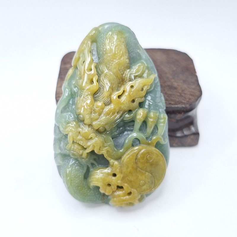 Old oil blue and yellow jade Tai Chi Dragon brand pendant | Natural Burmese jade A grade jade - สร้อยคอ - หยก 