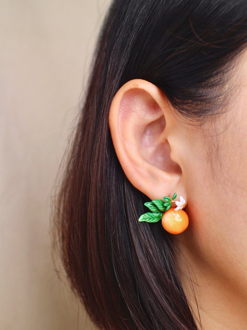 Orange Earrings, Fruity Blossom, Enamel Jewelry, Handmade,  Asymmetrical earring - Earrings & Clip-ons - Other Metals Orange