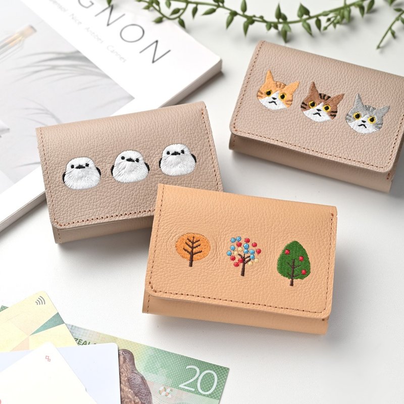 簡約 三折錢包 【 縮紋皮革 刺繡 】 迷你錢包 迷你皮夾 隨身皮夾 品牌聯名 HW47K - 錢包/皮夾/長短夾 - 真皮 黃色