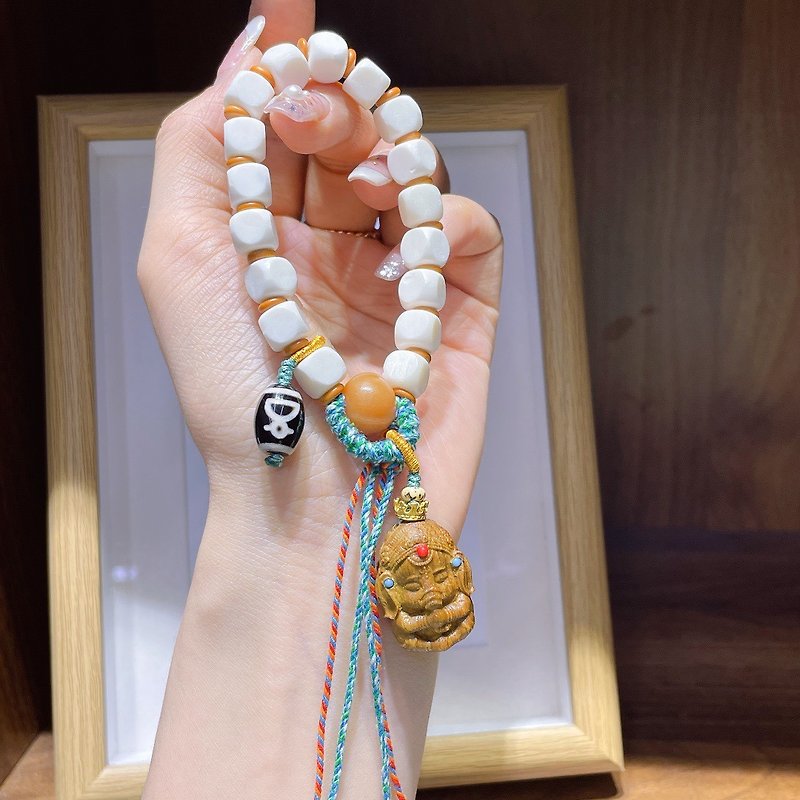 Original new camel bone square bracelet with olive stone agate dzi beads green sandalwood elephant god pendant - Bracelets - Wood 
