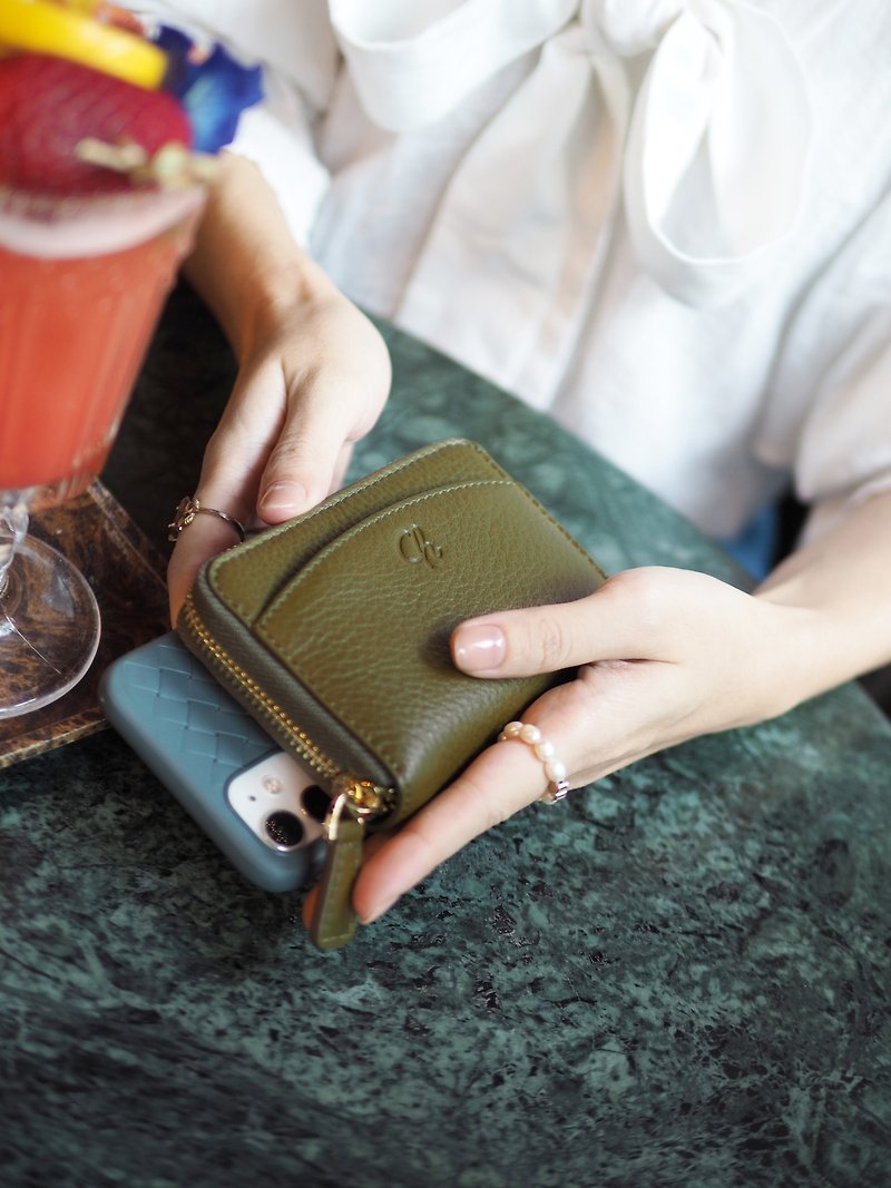 Penni (Hojicha) : Zip wallet, Short wallet, Leather, Olive-Green, mini wallet - 銀包 - 真皮 綠色