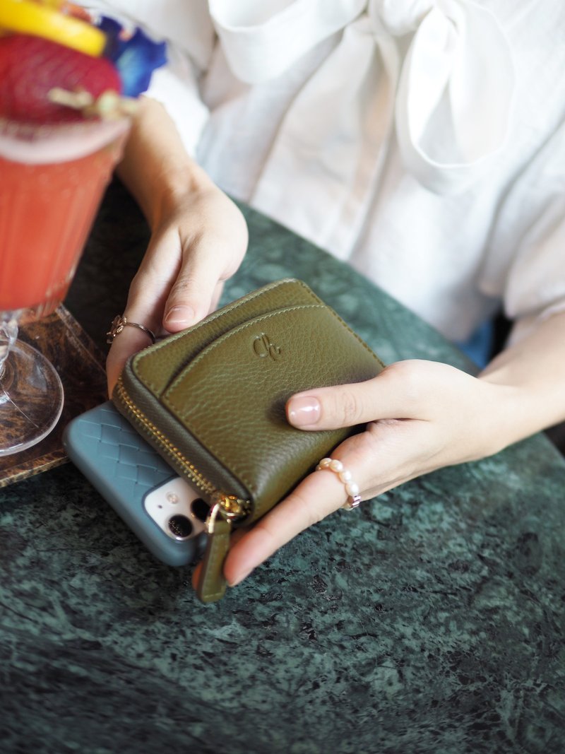 Penni (Hojicha) : Zip wallet, Short wallet, Leather, Olive-Green, mini wallet - 皮夾/長短夾/錢包 - 真皮 綠色