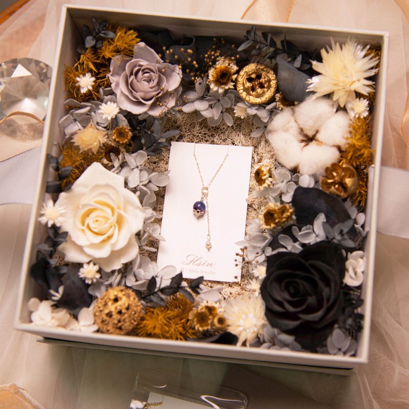 【金色璀璨】 乾燥花永生花花盒 婚禮戒盒 / 純銀項鍊 水晶手鍊 - 乾燥花/永生花 - 寶石 黑色