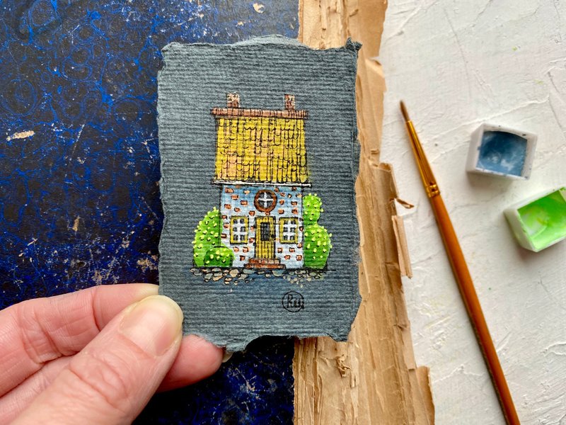 Tiny painting House Miniature Original art Little artwork Mini gift by Rubinova - 海報/掛畫/掛布 - 紙 多色