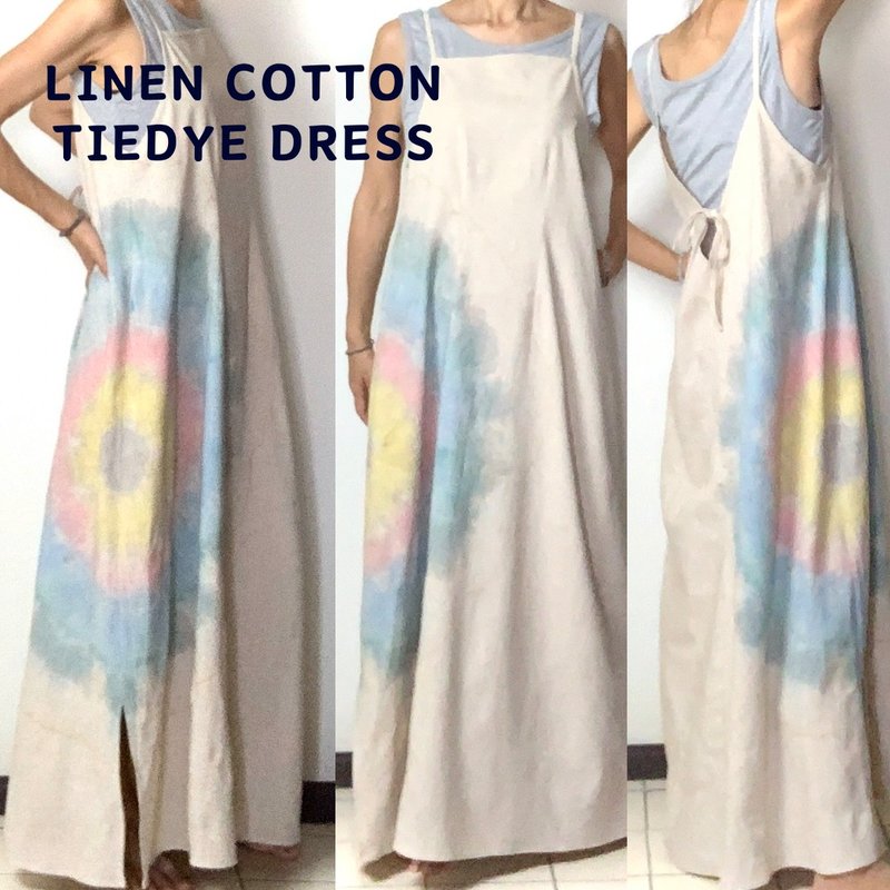 Linen Cotton Tie Dye Dress - 洋裝/連身裙 - 棉．麻 卡其色