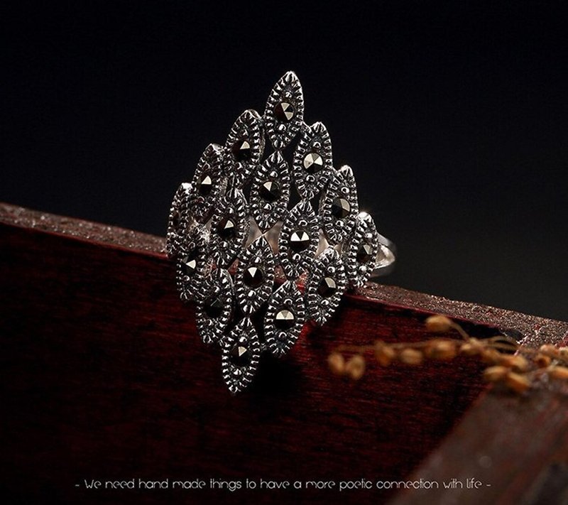 S 925 Sterling Silver Vintage Marcasite Finger Rings Women Bohemian Rhombus Ring - General Rings - Sterling Silver Silver