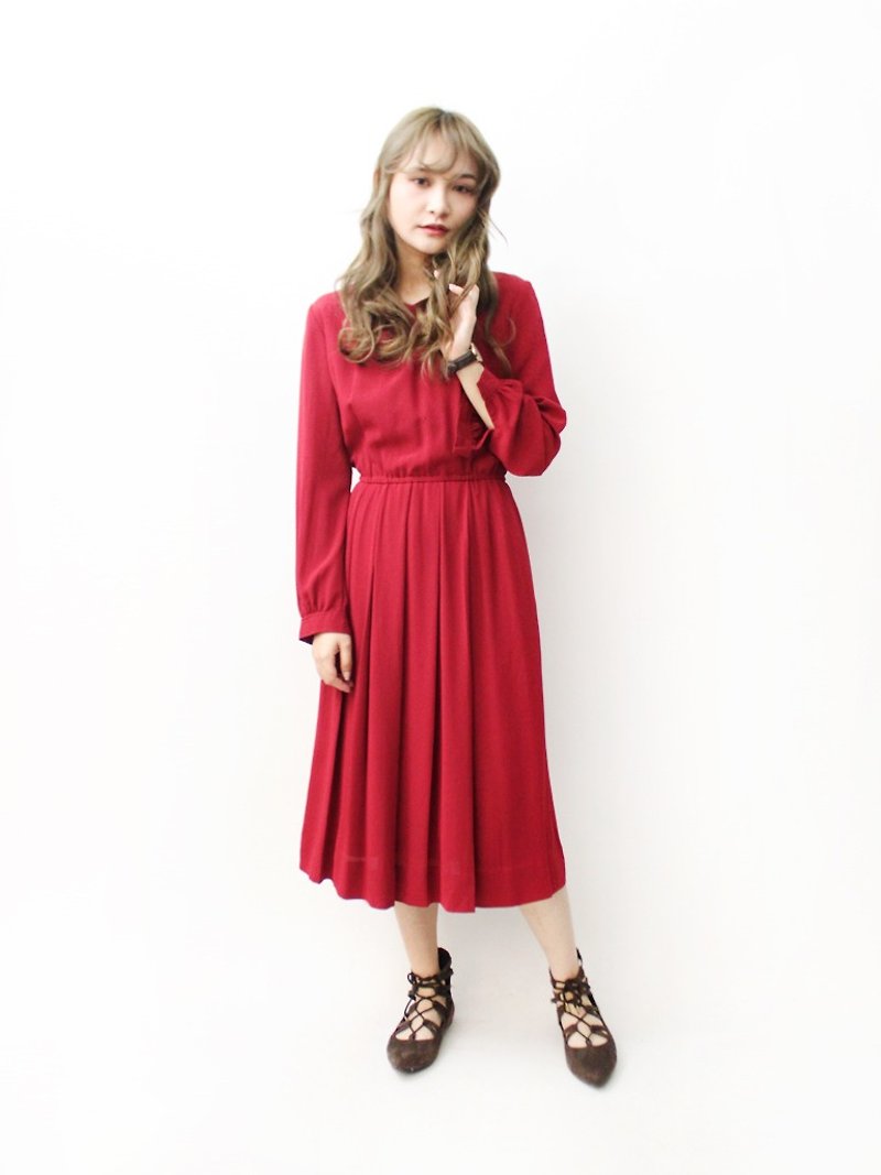 【RE1004D1405】 early autumn retro simple wine red elegant long-sleeved ancient dress - One Piece Dresses - Polyester Red