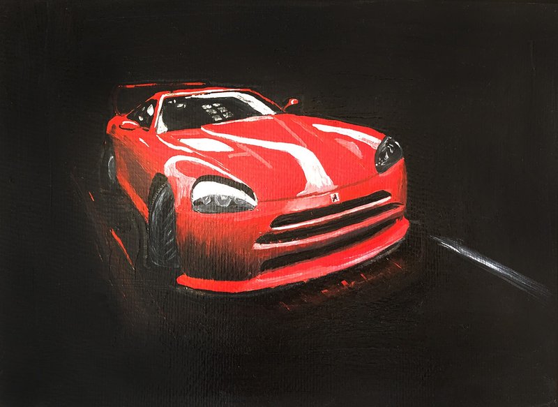 Red Car Painting Auto Original Artwork Gouache Fashion Wall Art Sport Artwork - 海報/掛畫/掛布 - 紙 紅色