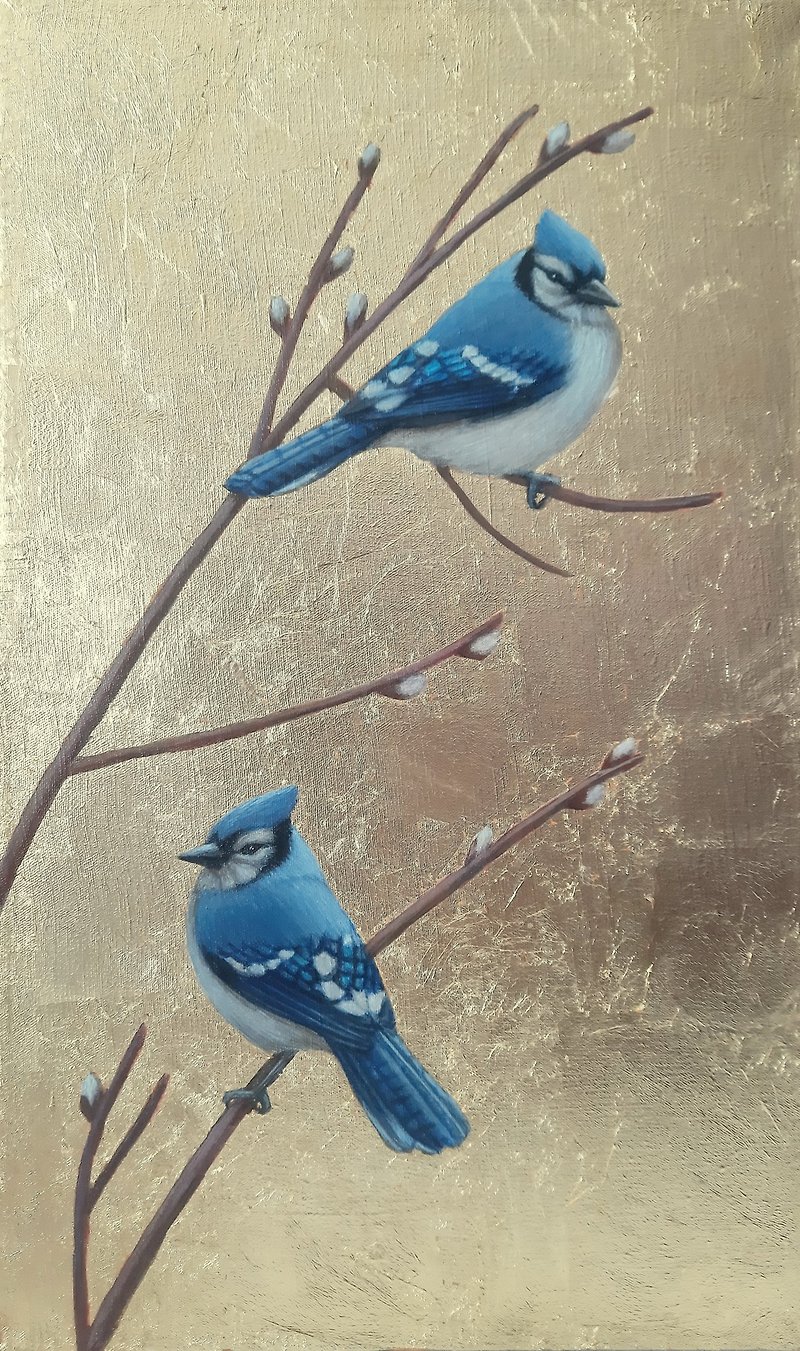 原畫鳥類 金葉畫國畫、藍鳥、極簡主義鳥類、當代牆藝、鳥類肖像 - 牆貼/牆身裝飾 - 亞麻 金色